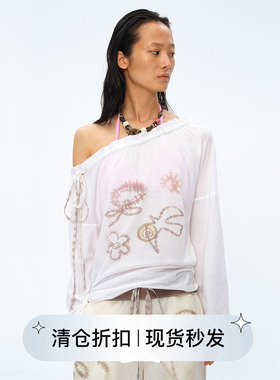 Square Circle方圆斜肩一字领印花蕾丝抽绳罩衫宽松长袖上衣