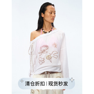 宽松长袖 上衣 Circle方圆斜肩一字领印花蕾丝抽绳罩衫 Square