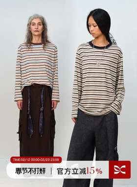SQUARE CIRCLE 方圆撞色复古时髦条纹领口手工绣棉感长袖T恤