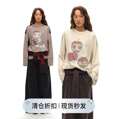 Square Circle方圆新年圣诞原创复古做旧苹果印花视觉显瘦长袖T恤