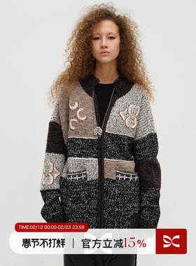 SQUARE CIRCLE 方圆绵羊毛拉链刺绣拼接秋冬复古圣诞大毛衣外套