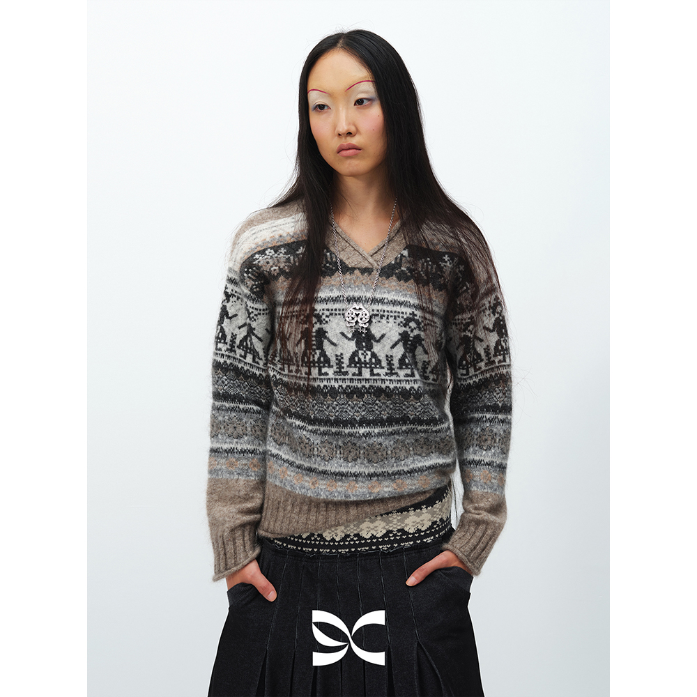 SQUARE CIRCLE 方圆马海毛V领费尔岛提花冬季新款宽松长袖毛衣