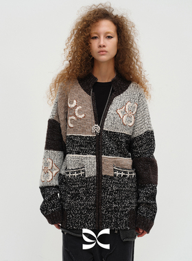 SQUARE CIRCLE 方圆绵羊毛拉链刺绣拼接秋冬复古圣诞大毛衣外套