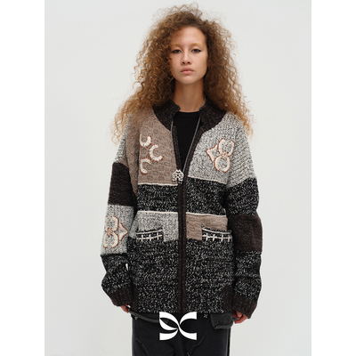 SQUARE CIRCLE 方圆绵羊毛拉链刺绣拼接秋冬复古圣诞大毛衣外套