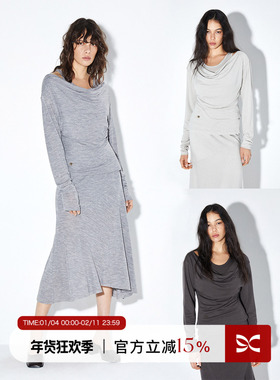 square circle方圆天丝羊毛荡领长袖宽松上衣半裙春季新款套装