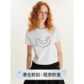 square circle方圆烫钻原创小狗刺绣图案设计感白色T恤女短袖 上衣
