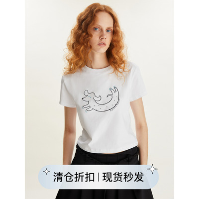 烫钻原创小狗刺绣图案白色T恤