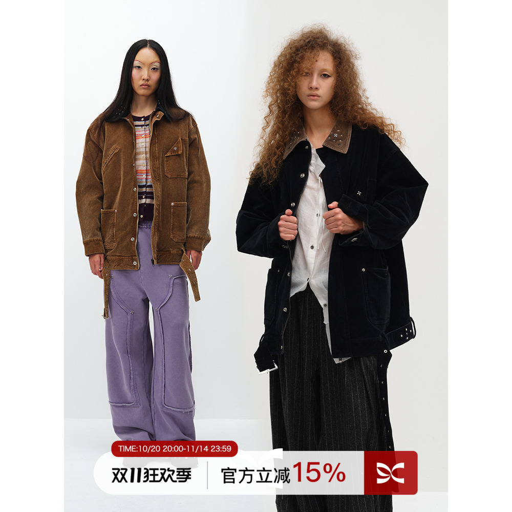 SQUARE CIRCLE 方圆设计感铆钉做旧灯芯绒翻领工装夹克棉服外套