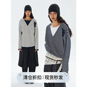 撞色条纹毛边贴布绣宽松休闲假两件长袖 square circle方圆 薄卫衣