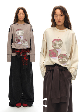 Square Circle方圆新年圣诞原创复古做旧苹果印花视觉显瘦长袖T恤