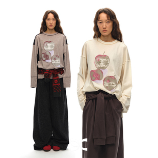 Square T恤 Circle方圆新年圣诞原创复古做旧苹果印花视觉显瘦长袖