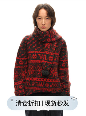 Square Circle方圆蛇年圣诞红羊毛苹果与蛇提花费尔岛围巾毛衣