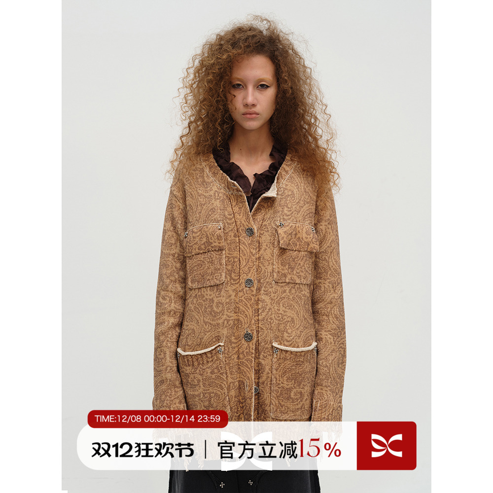 SQUARE CIRCLE 方圆设计感腰果花印花毛边设计针织开衫毛衣外套