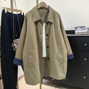 2025冬韩系卡其夹棉风衣女宽松翻领格纹袖小个子休闲工装中长外套