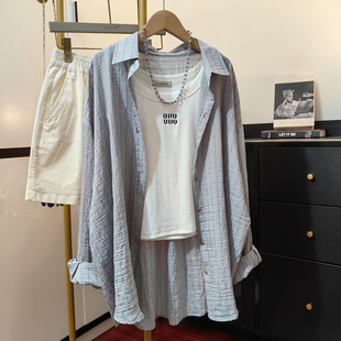 夏季轻薄麻纱竖条纹衬衫女宽松慵懒男友风休闲中长款防晒衬衣外套