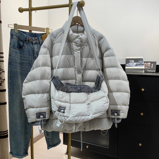 冬季新款浅灰立领羽绒服女牛仔拼接设计感包套装轻薄保暖时髦穿搭