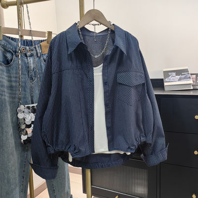 复古藏青色细格子衬衫女春夏新款