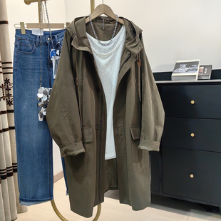 咖啡色连帽长款 大码 工装 风高个子显瘦百搭外套 风衣女2025秋冬新款