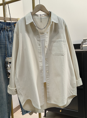 米白色全棉磨毛加厚衬衫女春新款韩版休闲宽松上衣中长款工装外套