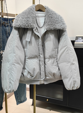 米灰色毛领短款羽绒服女冬2026新款宽松加厚小个子显高面包服外套