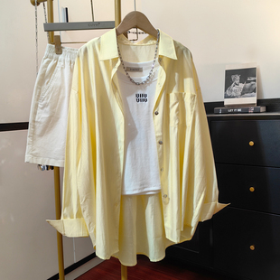 淡黄色长袖防晒衬衫女薄款2024夏季高级感宽松休闲慵懒风衬衣外套