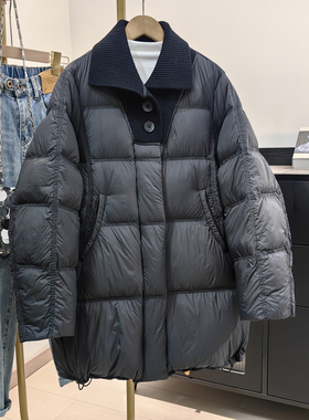 韩系针织领黑色中长款羽绒服女欧货2025冬新款宽松面包服保暖外套