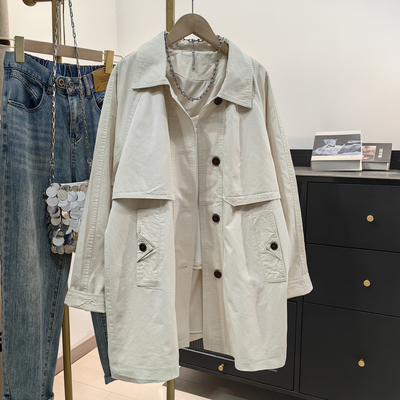 2026春季新款高级感翻领纯棉风衣外套女宽松时尚休闲中长款大衣潮