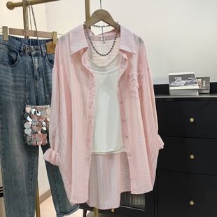 竖条纹天丝棉衬衫女春夏新款韩系休闲宽松挽袖防晒上衣空调衫外套