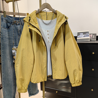 黄色连帽宽松短款外套女春秋新款