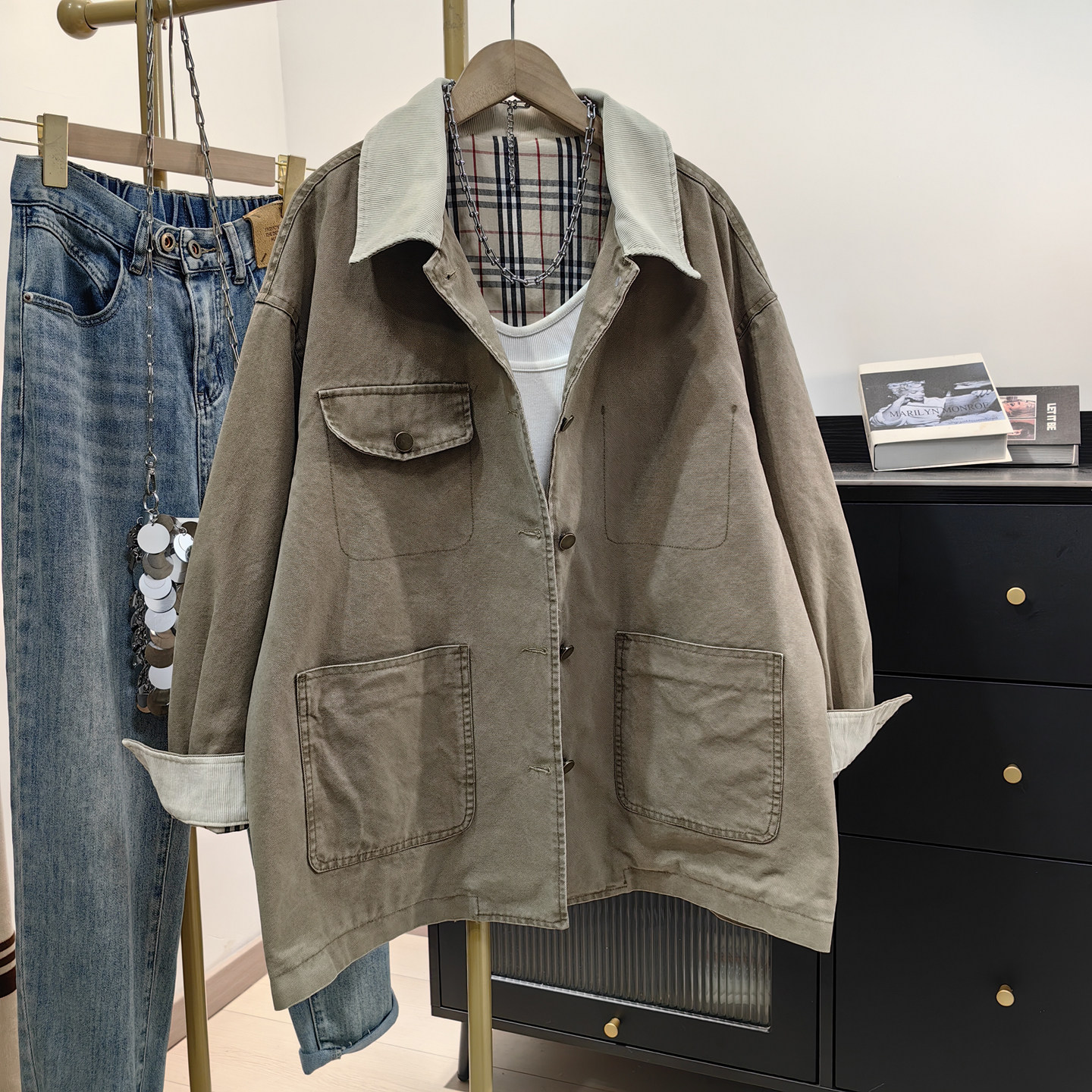 复古工装风拼接撞色夹克女春秋新款卡其色小个子宽松休闲上衣外套,女装/女士精品,风衣,淘宝优惠券,粉丝福利购,淘宝优惠卷