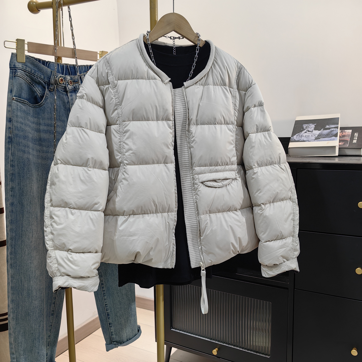 小个子圆领针织拼接短款羽绒服女2025新款韩版宽松白鸭绒保暖外套