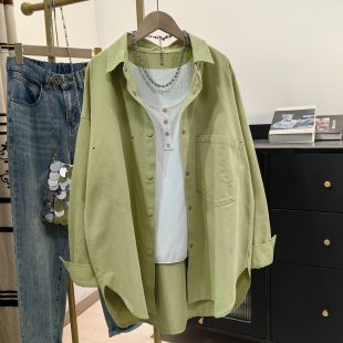 韩系休闲松弛感上衣宽松外套2026春秋新款 果绿色纯棉衬衫 女中长款