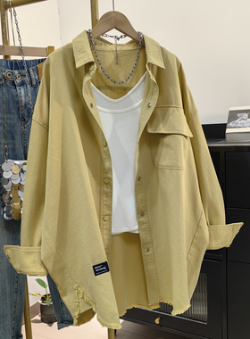 BF风休闲大版厚实纯棉衬衫女秋冬新款单排扣慵懒风毛边衬衣薄外套