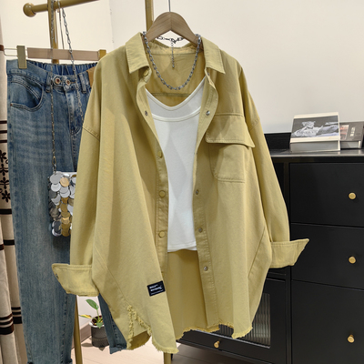 BF风休闲大版厚实纯棉衬衫女秋冬新款单排扣慵懒风毛边衬衣薄外套
