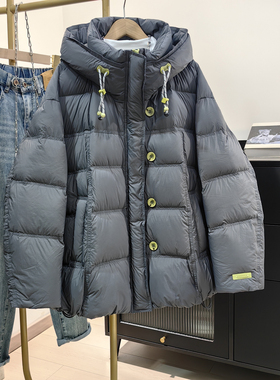 2025冬欧货灰色连帽羽绒服女宽松白鸭绒加厚面包服时尚保暖外套潮