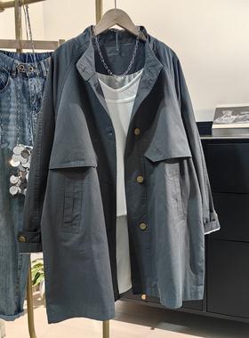 灰色纯棉风衣外套女中长款2025春装新款韩系设计感单排扣立领上衣