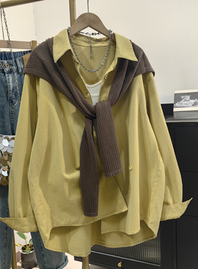 黄色纯棉衬衫披肩两件套女秋新款高级感磨毛长袖衬衣休闲宽松外套