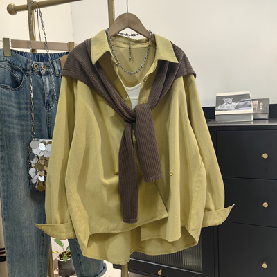 黄色纯棉衬衫披肩两件套女秋新款