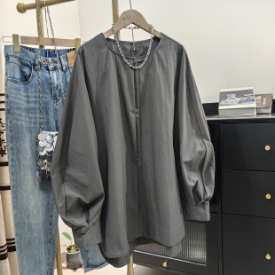 遮屁股衬衫 大版 别致洋气衬衣 欧货灯笼袖 胖mm圆领上衣女秋冬新款