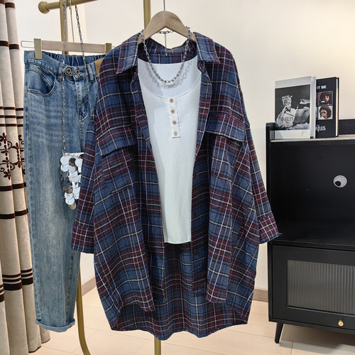 磨毛加厚格子衬衫女中长胖mm大码