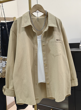 浅黄色全棉加厚衬衫女2025早秋新款韩版休闲宽松笑脸刺绣衬衣外套