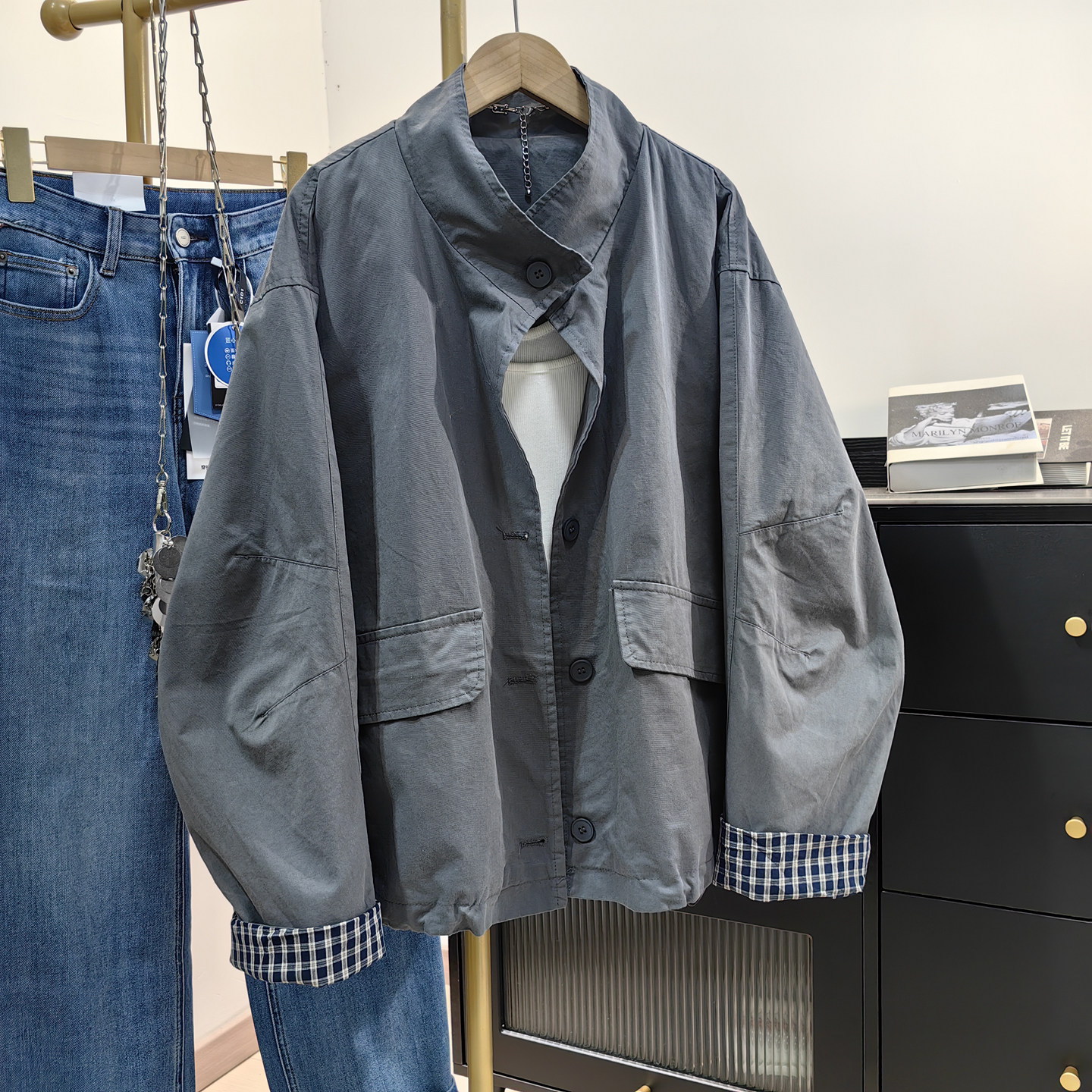 灰色立领工装短外套女2025秋新款韩系休闲宽松小个子时尚百搭上衣