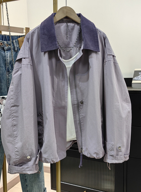 春秋新款浅紫色工装外套女宽松灯芯绒领撞色复古短款休闲夹克衫潮