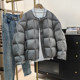 90白鸭绒保暖外套 新款 泡芙云朵方格轻薄圆领羽绒服女短款 2025冬季