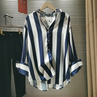 新款 通勤百搭显瘦衬衣外套 女宽松2023春季 丝滑缎面垂感竖条纹衬衫