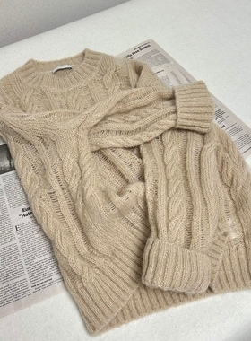 外贸元～松弛感微镂空宽松圆领套头衫马海毛羊毛混纺针织衫女2024