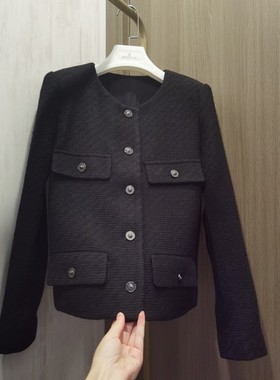 气质小香风～定制金属扣口袋装饰纯羊毛粗花呢短外套上衣女2022秋