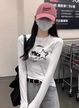 美式辣妹白色圆领正肩长袖T恤女春秋新款小众设计感时尚修身上衣