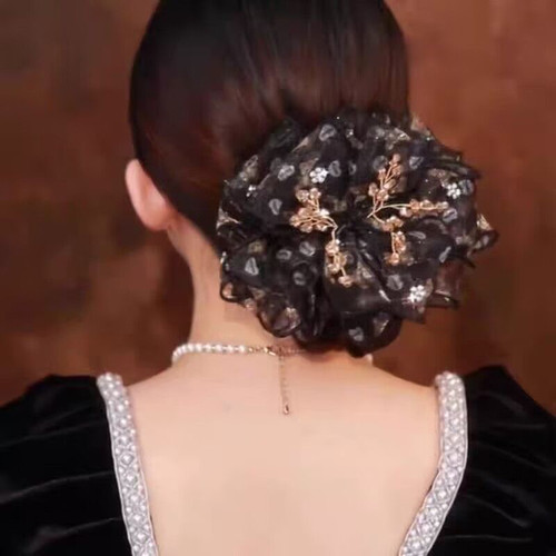 轻奢布艺新款妈妈头花气质黑色网纱花朵发圈女2025新款高级感发绳