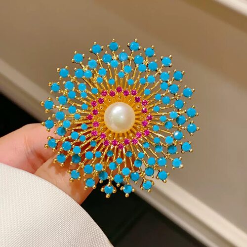 重工烟花珍珠胸针女高级感仿绿松石胸花轻奢西装大衣别针小众设计